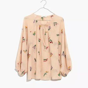 Madewell Botanical Embroidered Tie-Neck Peasant Top